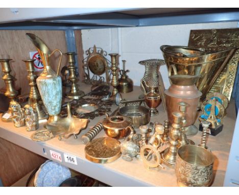 Shelf of mixed brass including candlesticks