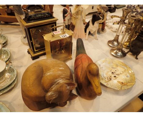 Two Quartz mantel clocks carved duck and cat figurine