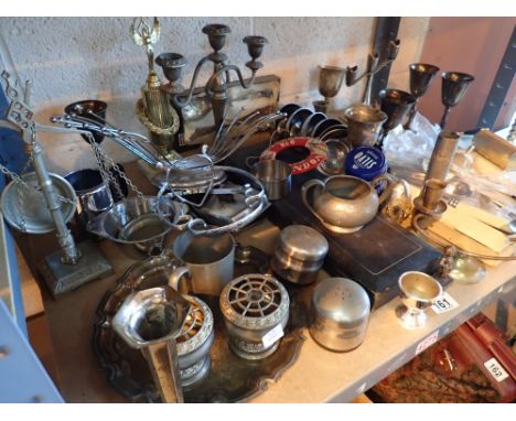 Shelf of mixed metal ware including carving set and cutlery