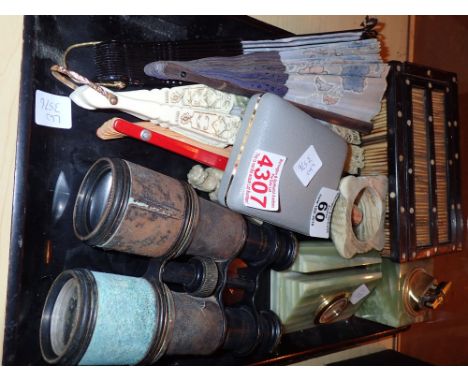 Tray of mixed collectables including vintage binoculars