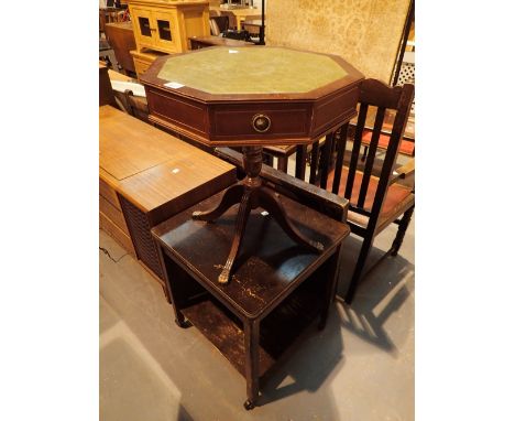 Octagonal mahogany side table with leather top and four drawers with lion claw feet and a table with lower shelf on castors 