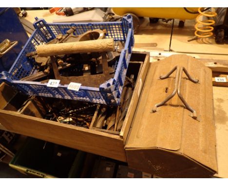 Box of large drills / tools quantity of clamps and a metal toolbox with contents