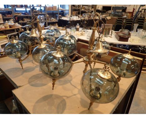 Pair of brass and glass hanging light fittings