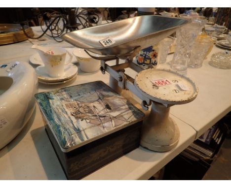 Vintage kitchen scales and a box of weights
