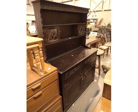 Cottage style dark oak Welsh dresser with two shelf back and glazed cupboards