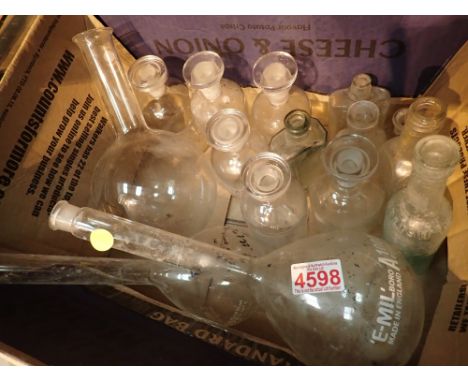 Shelf of chemistry bottles and flasks ( some named )