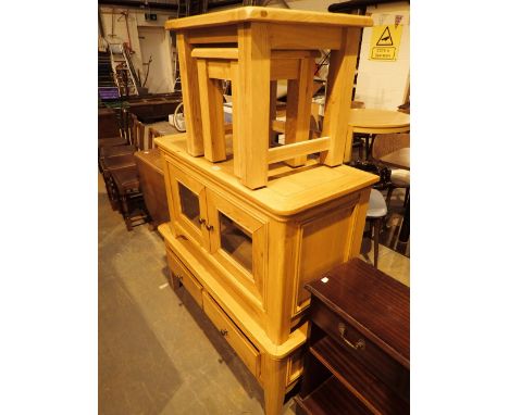 Large light oak coffee table with two drawers matching glazed unit and nest of two pine tables