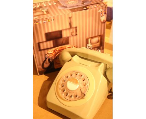 Mint green retro rotary dial phone replica of the 1970s GPO746 classic phone with authentic bell ring; compatible with modern