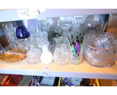 Shelf of mixed glassware including large bowl, vases etc. Not available for in-house P&amp;P 