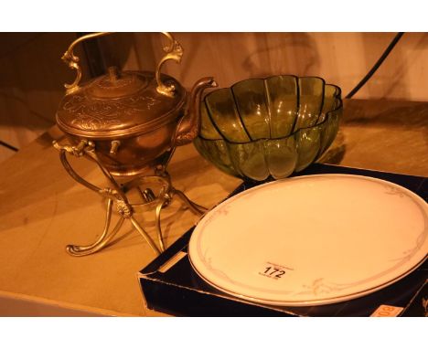Large Royal Doulton ceramic gateau platter, copper kettle with stand and a coloured bowl. Not available for in-house P&amp;P 