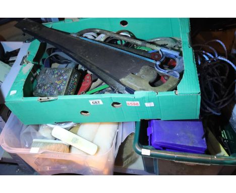 Three boxes of mixed hand tools including hand saws. Not available for in-house P&amp;P 