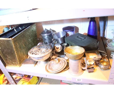 Shelf of mixed metalware. Not available for in-house P&amp;P 