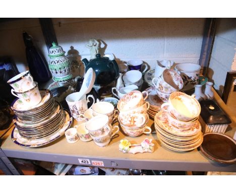 Shelf of mixed ceramics including decorative part dinner services, posy vases etc. Not available for in-house P&amp;P 