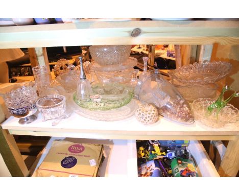 Shelf of mixed glass including paperweights, vase etc. Not available for in-house P&amp;P 