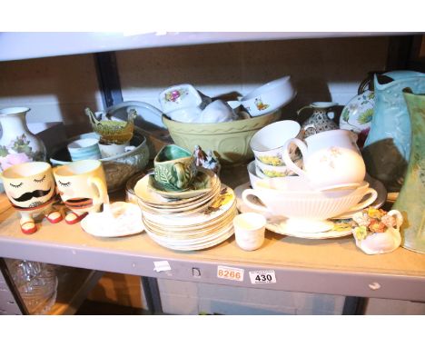 Shelf of mixed ceramics including large mixing bowl, decorative bowls, jugs etc. Not available for in-house P&amp;P 