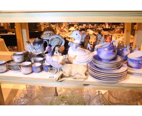 Shelf of mixed ceramics including Oriental tea set, figurines etc. Not available for in-house P&amp;P 