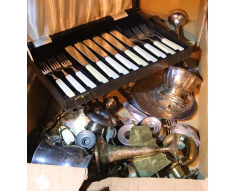 Box of mixed metalware and flatware including silver plate. Not available for in-house P&amp;P 