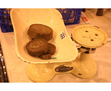 Set of vintage enamel kitchen scales with some weights. Not available for in-house P&amp;P 