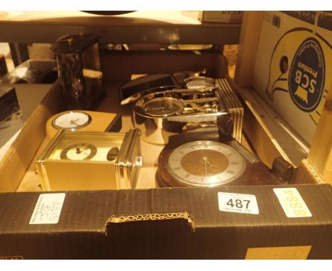 Eight clocks includes quartz carriage and clockwork mantle clock examples by such makers as Smiths, Acctim and Lacelles. Not 