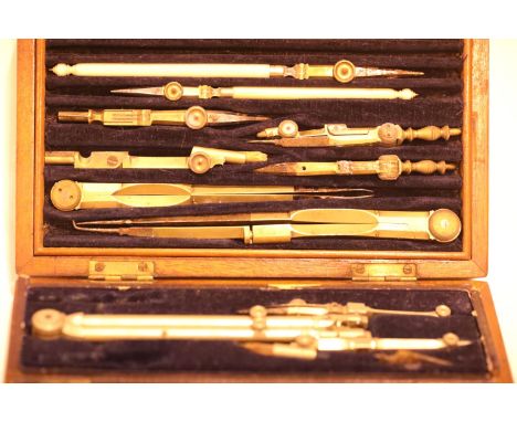 Oak case containing Victorian draftmans precision tools and another cased precision tool. P&amp;P Group 1 (£14+VAT for the fi