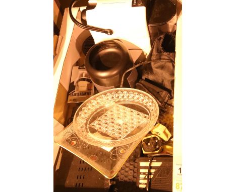 Box of mixed electrical items including bluetooth speaker and White Nespresso coffee machine. Not available for in-house P&am