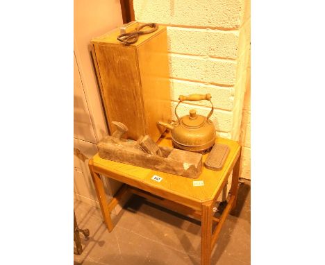 Collection of mixed items including jack plane, copper kettle, table etc. Not available for in-house P&amp;P 