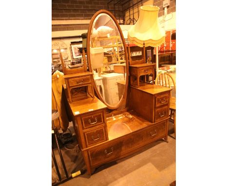 Edwardian burr walnut dressing table with mirror and four short over one long drawers, will require minor restoration. Not av