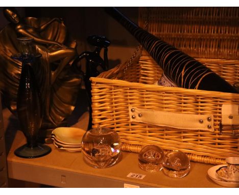 Shelf of mixed items including glass and ceramics and picnic basket. Not available for in-house P&amp;P 