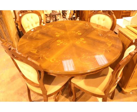 Italian Sorrento circular inlaid table with carved legs and four matching upholstered chairs. Not available for in-house P&am