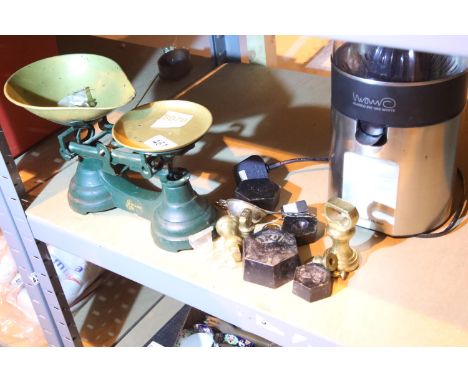 Set of metal scales and a quantity of brass weights. Not available for in-house P&PCondition Report: All electrical items in 
