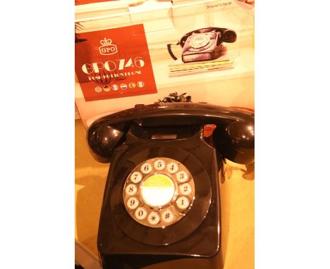 Black retro push button phone replica of the 1970s GPO746 classic phone with authentic bell ring; compatible with modern tele