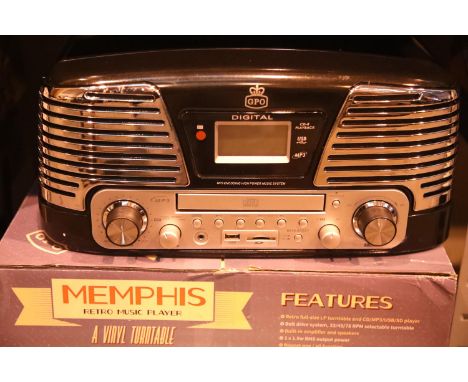 Black GPO Memphis retro music centre - 3 speed turntable, 33/45/78; MP3/USB player; FM radio with remote control, boxed. Not 