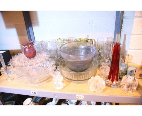 Shelf of mixed glass including Caithness, large bowls, single handled jugs etc. Not available for in-house P&amp;P 