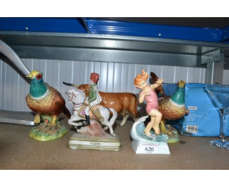 A Royal Worcester figure "July", modelled by F J Doughty; a model of a bull AF; two Italian models of pheasants and another o