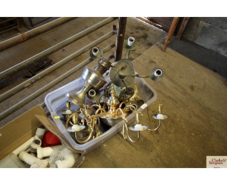 A box of light fittings; oil lamp etc