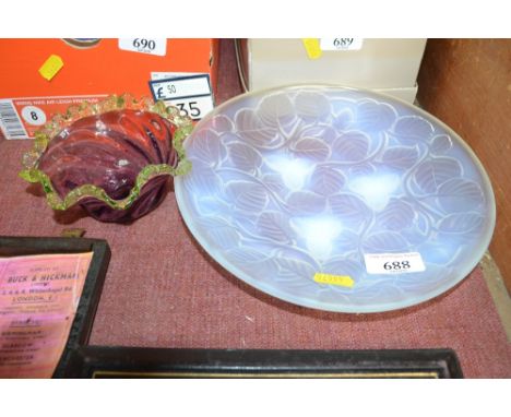 An Arrers opalescent French glass bowl together with an amethyst coloured green glass vase