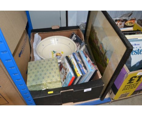 A box containing various DVDs; Oriental teapot; a bowl; framed print etc