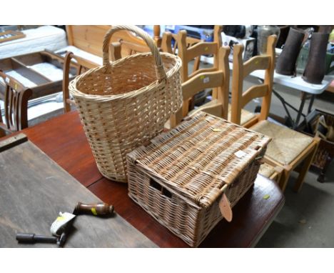 A Regency hamper together with a wicker stair basket