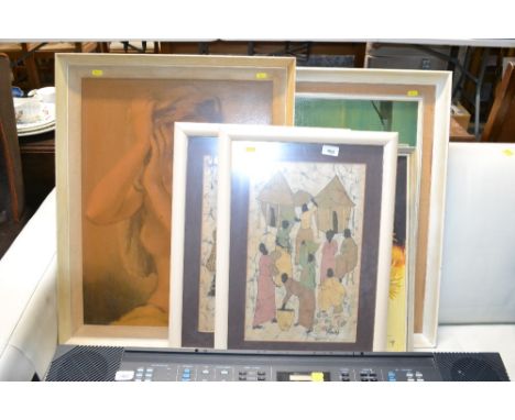 Two batik studies, portrait print, coloured print after M Mouly, and two oil paintings