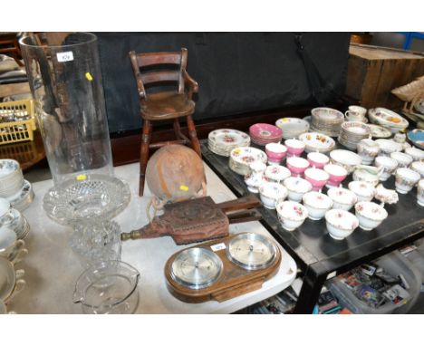 An oak cased barometer/thermometer; a pair of bellows; dolls high chair etc