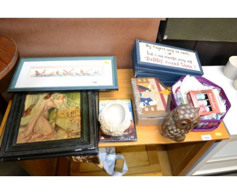 A pencil signed limited edition print "Hen Pecking"; a Nativity set; various sewing items; prints; ornament of an owl etc