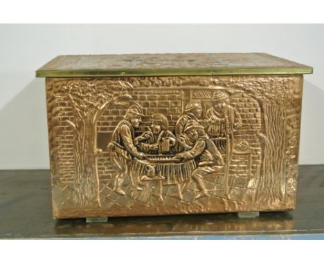 FURNITURE/ HOME - A vintage copper coal chest with decorative scenes.