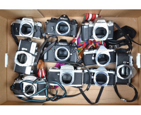 A Tray of Nikon and Pentax SLR Camera Bodies,  including a Nikon FG, a Nikon EM, a Nikon N2000, Pentax ME Super (3), a Pentax