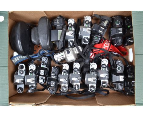 A Tray of Pentax SLR Camera Bodies, including P30's, ME, MV-1, ME-Super, MG and other models, 18 in total, none battery teste