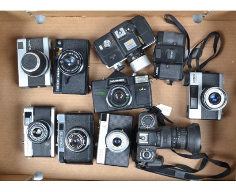 A Tray of Compact Cameras, including an Olympus Trip, Lomo 135BC, Minitar 1, Cmaha Smena 8M, Cosmic 35, Minolta 110 Zoom, 110