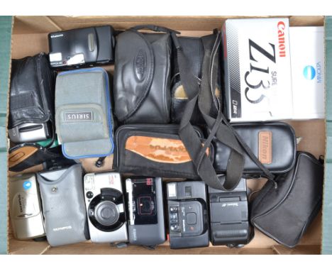 A Tray of Compact Cameras, manufacturers include, Canon, Olympus, Nikon, Minolta and other examples