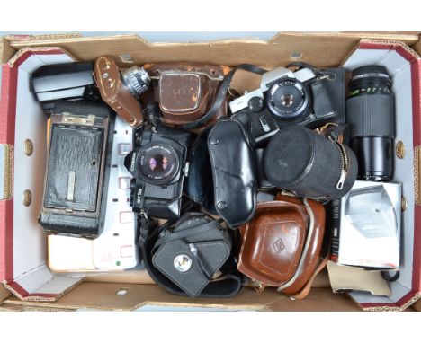 Various Cameras,  a Cosina CT 1G SLR, with 50mm f/2 lens, a Carena 1000, with 55mm f/2.8 lens, a Taron VR rangefinder camera,