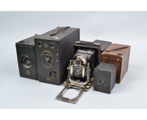 Plate and Box Cameras, a folding plate camera, with R &amp; J Beck 4.45'' f/7.7 lens, The Midge falling plate camera and Hawk