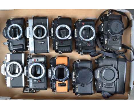 A Tray of SLR Camera Bodies, including a Yashica TL-Electro, Cosina CT 1G, Chinon CM-4s, Konica FC-1, AF, and other examples