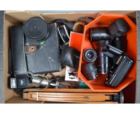 Various Lenses and Camera Related Accessories, including a Nikon AIS mount 28-200mm Sirus zoom lens, non AI 200mm Panagor len
